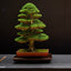 A sculpted Cryptomeria japonica bonsai tree in a rectangular terracotta-colored antique chinese pot on a dark wooden stand, displayed against a dark background during the 2024 Pacific Bonsai Expo in Oakland, CA