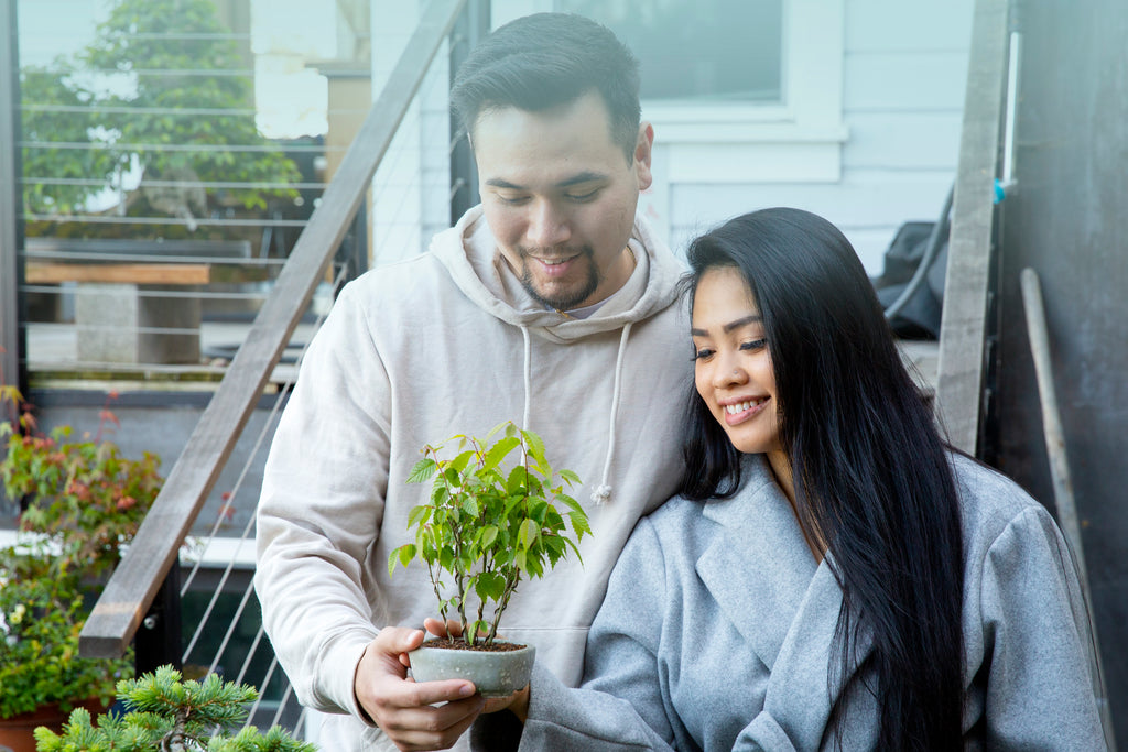 Woman and Man holding a small bonsai tree outside
