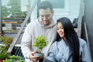 Woman and Man holding a small bonsai tree outside