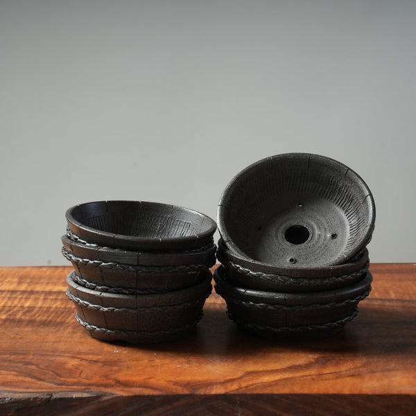 Mitunobu Ito Dark Barrel Shallow Round Bonsai Pot - Bonsaify