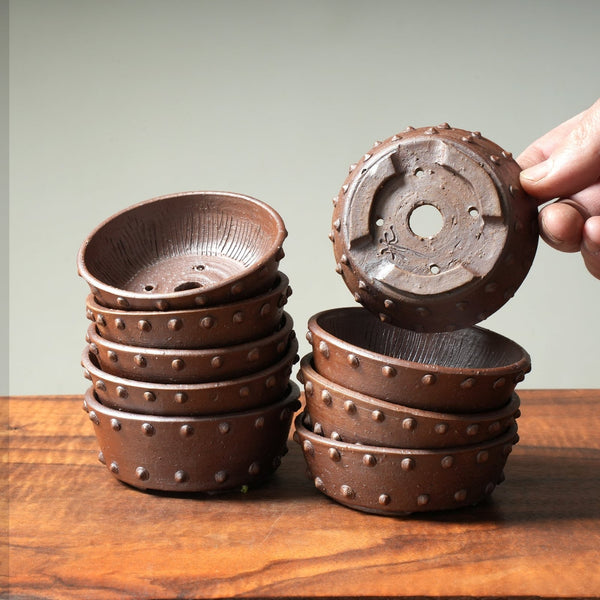 Mitunobu Ito "Riveted" Shallow Small Round Bonsai Pot - Bonsaify